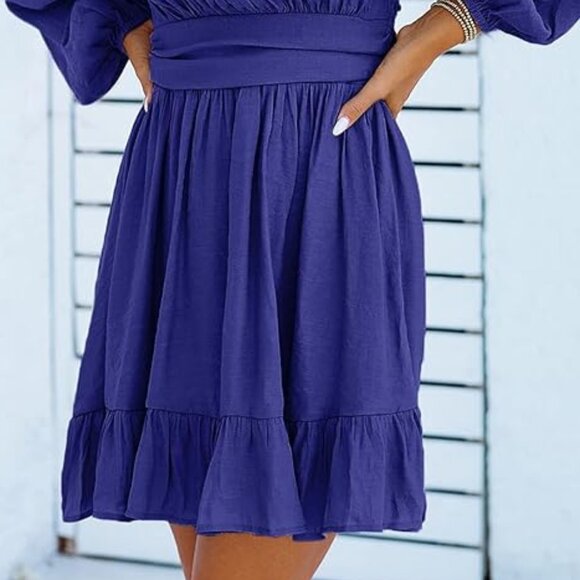 DOKOTOO Women's Lantern Sleeve Square Neck Tie Backless Sexy Dress Sz: M Blue - Picture 8 of 15